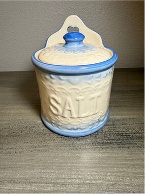 Vintage Blue & White Stoneware Hanging Salt Box Crock with Lid
